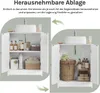 A split image showing a bathroom vanity cabinet with its shelves configured in two different ways. Produktbild-Vorschau
