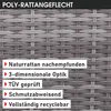Close-up of a woven polyrattan texture with overlaid text describing product features. Produktbild-Vorschau