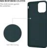 A dark green phone case is shown with a close-up inset highlighting its soft fiber lining. Produktbild-Vorschau