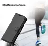 A black flip phone case is shown in the foreground, with a blurred image of a person running in the background. Produktbild-Vorschau