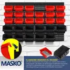 A wall-mounted storage system with multiple red and black bins, displayed against a brick wall. Produktbild-Vorschau