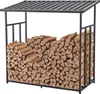A black metal firewood rack filled with chopped wood, shown against a white background. Voir les images du produit