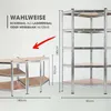 Two shelving units are shown, one is a corner unit and the other is a straight unit, with dimensions indicated. The text suggests they can be used as storage or workbench units. Anteprima dell’immagine prodotto