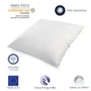A white pillow is shown on a white background with various certification logos and text overlays. Produktbild-Vorschau