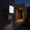 A dark gray LED floodlight with a motion sensor is mounted on a dark brick wall next to a house entrance at dusk. Produktbild-Vorschau