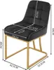 A black velvet dining chair with gold metal legs, showing dimensions with text overlays. Produktbild-Vorschau