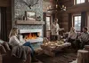 A group of people gathered around a fireplace in a rustic, wooden cabin, enjoying drinks and snacks. Anteprima dell’immagine prodotto