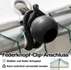 A close-up of a bungee cord with a ball attachment, securing a green net to a metal pole. Text overlays describe product features. Náhled obrázku produktu