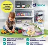 A young child is playing with toys on the floor next to several clear storage boxes filled with toys and other items. The boxes are stacked on shelves in the background. Voir les images du produit