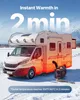 A diesel heater is shown next to an RV in a snowy environment, with graphics indicating rapid heating. Produktbild-Vorschau