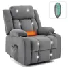 A gray massage recliner chair with heating and massage functions, shown from a front-side angle against a white background. A remote control is shown in a small inset image in the upper right corner. Anteprima dell’immagine prodotto