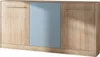 A closed cabinet with three doors, the middle door is blue and the two side doors are wood-toned. Produktbild-Vorschau