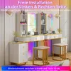 A white vanity table with gold accents and LED lighting, featuring two stools and a side cabinet. Anteprima dell’immagine prodotto