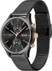 A close-up, studio shot of a Hugo Boss men's chronograph watch with a black dial and mesh strap. Podgląd zdjęcia produktu