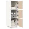 A white highboard with three open doors revealing wooden shelves and items on them, set against a white background. Anteprima dell’immagine prodotto