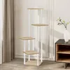 A multi-tiered plant stand with a light wood grain finish and white metal supports, placed in a room with curtains and a cabinet. Náhľad obrázku produktu