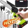 A collection of items for a mini chainsaw set, including the chainsaw, batteries, extra chains, guide bars, safety glasses, gloves, and a carrying case. Produktbild-Vorschau