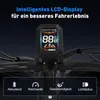 A close-up of an e-bike's LCD display and handlebars, with feature icons at the bottom. Voir les images du produit