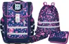 A set of school supplies including a backpack, a drawstring bag, a pencil case, and a wallet, all with a matching blue and pink floral petal design. Produktbild-Vorschau