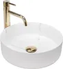A white marble-patterned round sink with a gold faucet. Produktbild-Vorschau