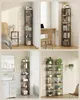 Collage of four images showing different room setups with tall, narrow shelving units displaying various items. Produktbild-Vorschau