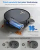 A robotic vacuum cleaner is shown cleaning a floor with a demonstration of its cleaning mechanism and a comparison to other cleaning methods. Produktbild-Vorschau