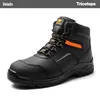 A black work boot with orange accents is shown against a white background. Produktbild-Vorschau
