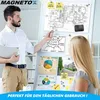 A man is presenting a project on a whiteboard to a woman. The whiteboard has various documents, charts, and a mind map attached. Podgląd zdjęcia produktu