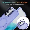 A close-up view of a purple phone case with a silver ring attachment, showcasing its protective features for the camera lenses. Produktbild-Vorschau