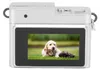 The back of a silver digital camera displaying a picture of a puppy and kitten on its screen. Náhľad obrázku produktu