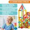 A child is smiling in the foreground, with colorful magnetic building blocks and text describing the product's benefits in the background. Produktbild-Vorschau