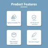 A grid of four squares, each containing an icon and text describing product features, set against a light blue background. Produktbild-Vorschau