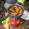 Grauer Camping-Topf mit grünen Griffen beim Kochen einer Mahlzeit auf einem roten Gaskocher im Freien Anteprima dell’immagine prodotto