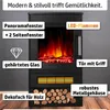A black electric fireplace with a realistic flame effect, surrounded by descriptive text labels highlighting its features. Produktbild-Vorschau