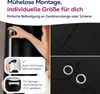 A collage of images showing a person measuring a black curtain, close-ups of curtain seams and grommets, and text overlays describing features. Produktbild-Vorschau