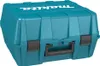 A teal Makita transport case with a black handle and latches, shown from the front. Produktbild-Vorschau