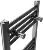 Close-up of a black radiator with multiple horizontal bars and mounting hardware. Anteprima dell’immagine prodotto