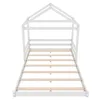 A white wooden house-shaped bed frame with a slatted base, shown from a slightly elevated front-left angle against a white background. Produktbild-Vorschau