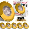 A collage of gold LED downlights, with packaging and a close-up of one light. Produktbild-Vorschau