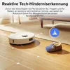 A white robot vacuum cleaner is shown on a wooden floor, with a slipper nearby. There is text and a graphic overlay indicating a feature. Produktbild-Vorschau