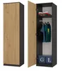 A wardrobe with one door open, showing shelves and hanging clothes, and two blue storage boxes at the bottom. Náhled obrázku produktu