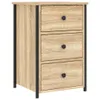 A product shot of a wooden nightstand with three drawers and black metal legs, presented on a white background. Produktbild-Vorschau