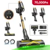 A collage of images showcasing a cordless vacuum cleaner and its accessories, along with a suction power rating. Produktbild-Vorschau