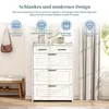 A white shoe cabinet with three flip-down drawers and two small drawers on top, placed in a room with a bench and a bag. Produktbild-Vorschau