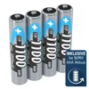 Four AAA batteries are lined up in a row against a white background. A blue and white label on each battery displays text and numbers. Produktbild-Vorschau