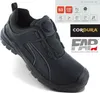 A black safety shoe is shown from a diagonal angle against a white background, with several logos and certification icons displayed in the upper right corner. Produktbild-Vorschau