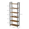 A tall, six-shelf bookshelf with a rustic wood finish and black metal frame, with dimensions labeled. Produktbild-Vorschau
