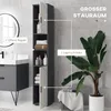A tall, narrow bathroom cabinet with open shelves and closed cabinets, placed next to a vanity and a large potted plant. Produktbild-Vorschau