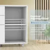 A white mobile storage cabinet with adjustable shelves, shown with text overlays highlighting its features. Podgląd zdjęcia produktu