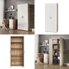 A collage of images showing a white and wood-tone cabinet and desk set. Voir les images du produit